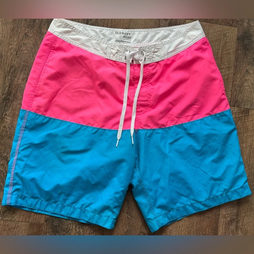 Old Navy Men’s Large 80s Colorblock Board Shorts‎ Pink Blue Swim Trunks